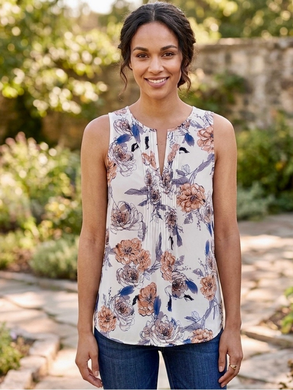 Sanctuary Women’s Tank Top Split Neck Tie Back White with Floral Print Size L
